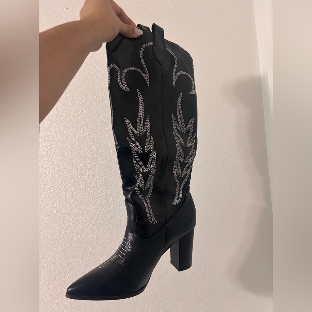 Black Embellished Knee-High Boots